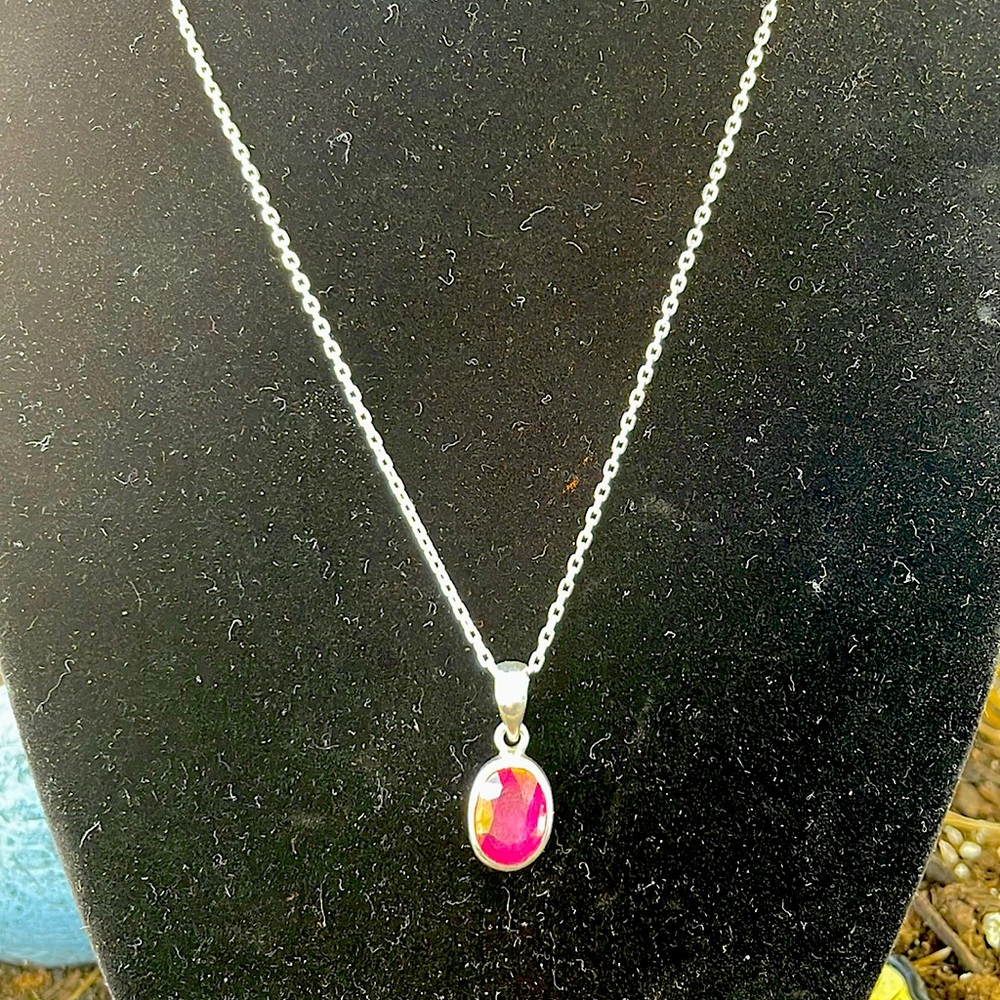 Ruby Pendant in Sterling Silver Setting on 16” SS Chain